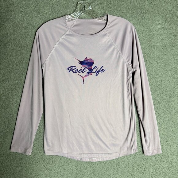 Reel Life Women’s Long Sleeve‎ Fishing Shirt Size L UPF 50+ Purple Graphic - Picture 1 of 7